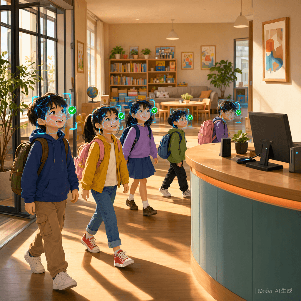 托管机构前台，多名小学生正看向支架上的手机进行 AI 刷脸考勤